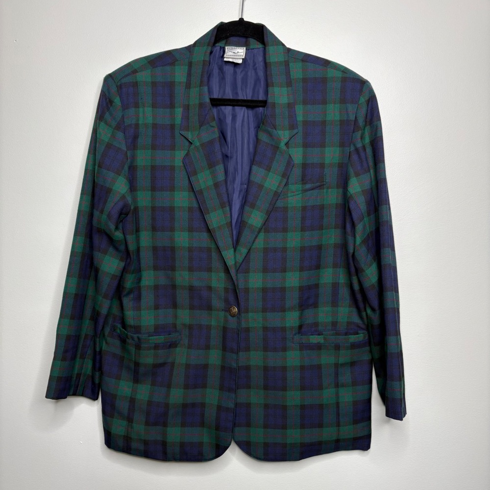 Jantzen Vintage 80s Tartan Plaid Blazer Jacket Prep School‎ Green Blue Sz L